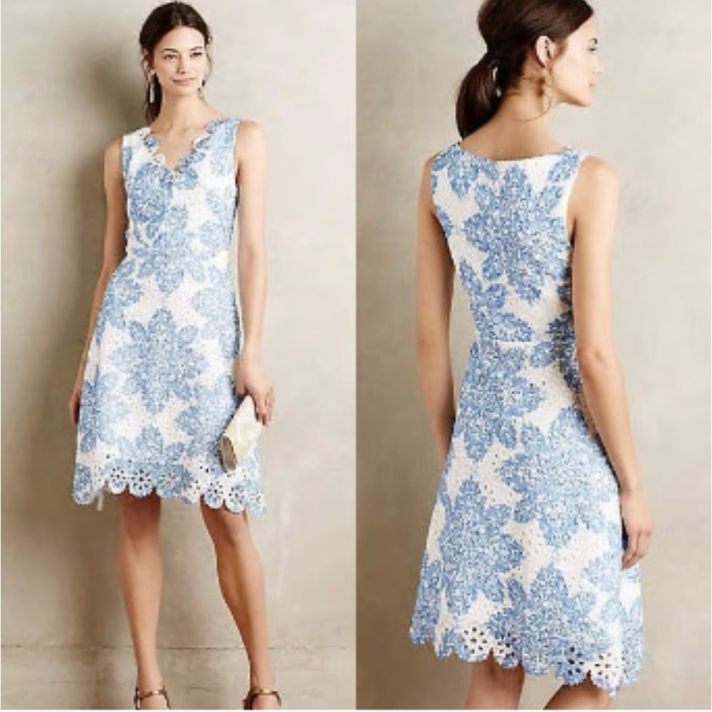 Eva Franco Blue and White Sleeveless V-neck Midi Dress